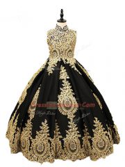 Black Ball Gowns Beading Little Girls Pageant Gowns Lace Up Satin Sleeveless Floor Length