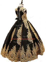 Black Ball Gowns Beading Little Girls Pageant Gowns Lace Up Satin Sleeveless Floor Length