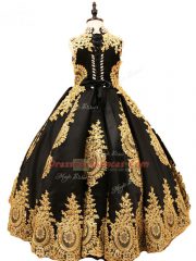 Black Ball Gowns Beading Little Girls Pageant Gowns Lace Up Satin Sleeveless Floor Length