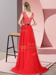 Empire Sleeveless Blue Prom Dress Sweep Train Zipper