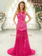 Nice Hot Pink Mermaid Lace Backless Chiffon Sleeveless