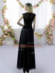 Black Cap Sleeves Floor Length Lace Zipper Damas Dress