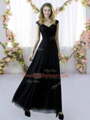 Black Cap Sleeves Floor Length Lace Zipper Damas Dress