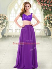Purple Two Pieces Straps Sleeveless Chiffon Floor Length Zipper Beading and Lace