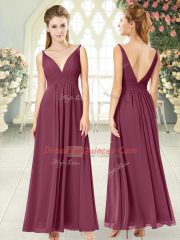 Sleeveless Chiffon Ankle Length Side Zipper Evening Dress in Burgundy with Ruching