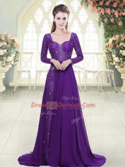 Romantic Eggplant Purple Long Sleeves Sweep Train Beading and Lace Prom Gown
