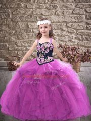 Purple Lace Up Child Pageant Dress Embroidery and Ruffles Sleeveless Floor Length