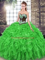 Colorful 15th Birthday Dress Organza Sweep Train Sleeveless Embroidery and Ruffles