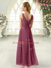 Burgundy V-neck Zipper Ruching Prom Gown Sleeveless