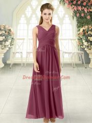 Burgundy V-neck Zipper Ruching Prom Gown Sleeveless