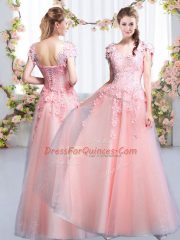 Excellent V-neck Cap Sleeves Lace Up Dama Dress Pink Tulle