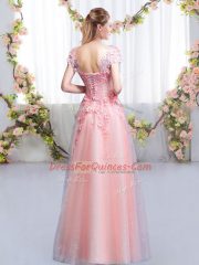 Excellent V-neck Cap Sleeves Lace Up Dama Dress Pink Tulle