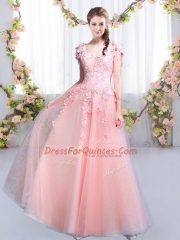 Excellent V-neck Cap Sleeves Lace Up Dama Dress Pink Tulle