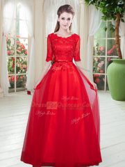 Half Sleeves Tulle Floor Length Lace Up Prom Party Dress in Red with Lace