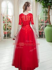 Half Sleeves Tulle Floor Length Lace Up Prom Party Dress in Red with Lace