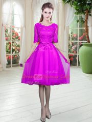 Customized Lace Prom Dresses Fuchsia Lace Up Half Sleeves Knee Length