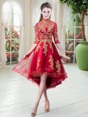 Suitable Red Zipper High-neck Appliques Prom Party Dress Tulle Half Sleeves