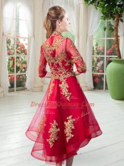 Suitable Red Zipper High-neck Appliques Prom Party Dress Tulle Half Sleeves
