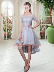 Tulle Off The Shoulder Short Sleeves Lace Up Appliques Prom Evening Gown in Grey