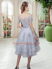 Tulle Off The Shoulder Short Sleeves Lace Up Appliques Prom Evening Gown in Grey