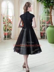 Elegant Tulle High-neck Cap Sleeves Zipper Beading and Lace Prom Party Dress in Black
