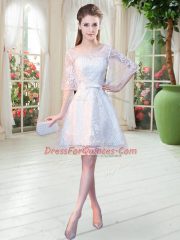 Beautiful Lace Half Sleeves Knee Length Prom Evening Gown and Beading