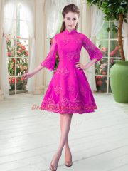 Knee Length A-line 3 4 Length Sleeve Fuchsia Prom Gown Zipper