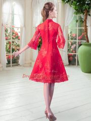 Knee Length A-line 3 4 Length Sleeve Fuchsia Prom Gown Zipper