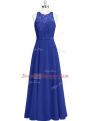 Edgy Scoop Sleeveless Prom Gown Floor Length Lace Royal Blue Chiffon