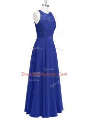 Edgy Scoop Sleeveless Prom Gown Floor Length Lace Royal Blue Chiffon