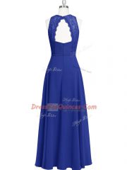 Edgy Scoop Sleeveless Prom Gown Floor Length Lace Royal Blue Chiffon