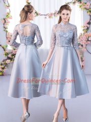 Customized Silver Dama Dress for Quinceanera Prom and Party and Wedding Party with Lace High-neck Half Sleeves Lace Up