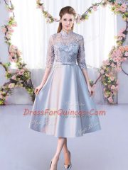 Customized Silver Dama Dress for Quinceanera Prom and Party and Wedding Party with Lace High-neck Half Sleeves Lace Up