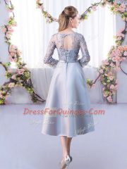 Customized Silver Dama Dress for Quinceanera Prom and Party and Wedding Party with Lace High-neck Half Sleeves Lace Up