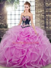 Beautiful Embroidery and Ruffles Quinceanera Gowns Lilac Lace Up Sleeveless Sweep Train