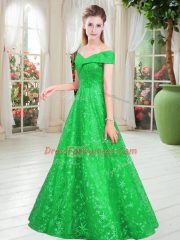 Beautiful Green A-line Off The Shoulder Sleeveless Lace Floor Length Lace Up Beading Prom Dress