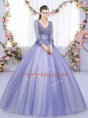 Sexy Lavender Ball Gowns Tulle V-neck Long Sleeves Lace and Appliques Floor Length Lace Up Sweet 16 Dresses