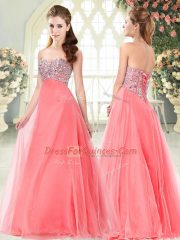 Sleeveless Floor Length Beading Lace Up Prom Dresses with Watermelon Red