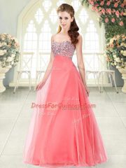 Sleeveless Floor Length Beading Lace Up Prom Dresses with Watermelon Red