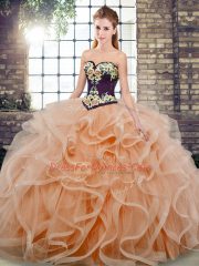 Smart Peach Vestidos de Quinceanera Sweet 16 and Quinceanera with Embroidery and Ruffles Sweetheart Sleeveless Sweep Train Lace Up