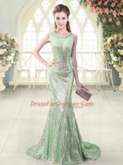 Fashionable Apple Green Sequined Brush Train Sleeveless Beading