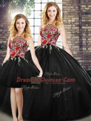 Scoop Sleeveless Sweet 16 Quinceanera Dress Floor Length Embroidery Black Tulle