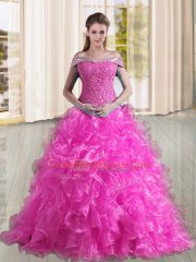 Sleeveless Organza Sweep Train Lace Up Quinceanera Dress in Fuchsia with Beading and Lace and Ruffles