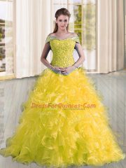 Sleeveless Beading and Lace and Ruffles Lace Up Quinceanera Gown with Yellow Sweep Train