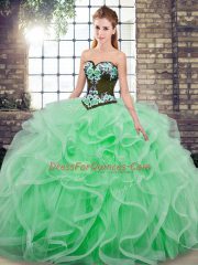 Designer Apple Green Ball Gowns Tulle Sweetheart Sleeveless Embroidery and Ruffles Lace Up 15 Quinceanera Dress Sweep Train