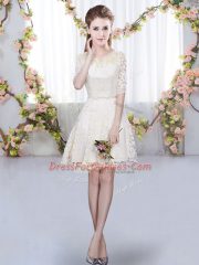 Lovely Mini Length Champagne Quinceanera Dama Dress Lace Half Sleeves Belt