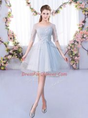 Cute Grey Half Sleeves Mini Length Lace Lace Up Dama Dress for Quinceanera