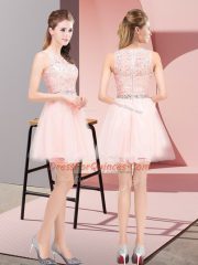 Tulle Scoop Sleeveless Lace Up Beading and Lace Homecoming Dress in Pink