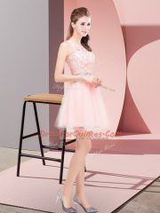 Tulle Scoop Sleeveless Lace Up Beading and Lace Homecoming Dress in Pink