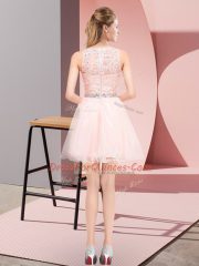 Tulle Scoop Sleeveless Lace Up Beading and Lace Homecoming Dress in Pink